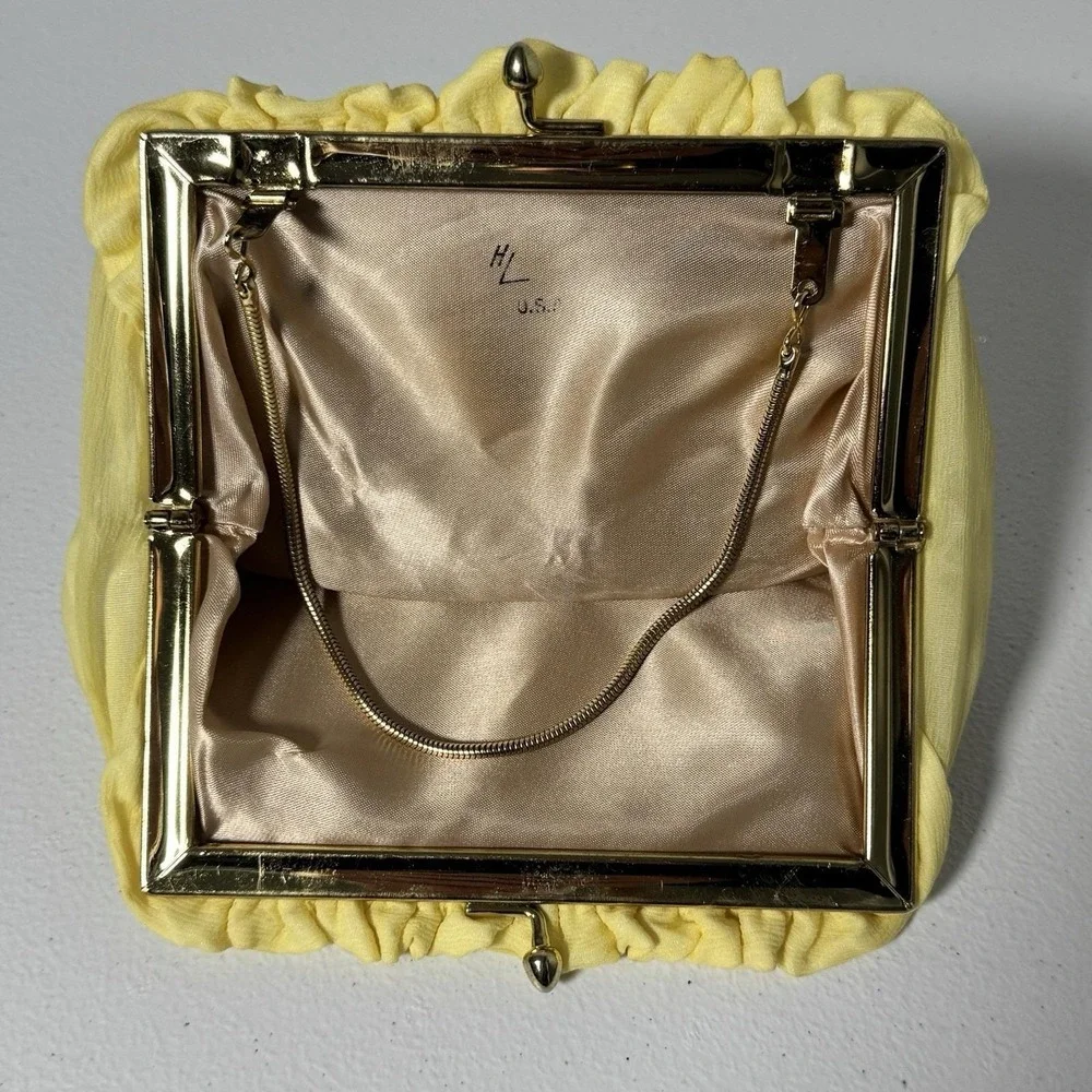 Vintage Yellow Chiffon Evening Bag HL USA Satin Lined Convertible Clutch Purse‎